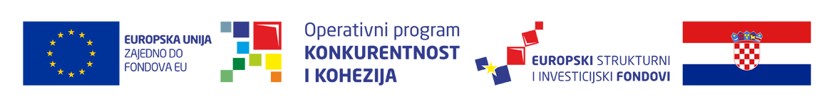 Horizontalni logo, na bijeloj pozadini - zastave EU, logo Operativni program konkurentnosti i kohezije, logo Europski strukturni i investicijski fondovi, zastava HR